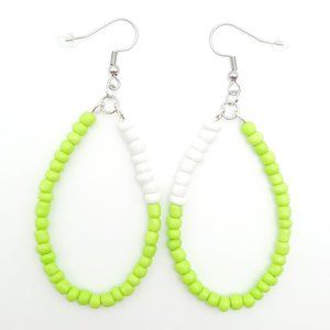 Green White Beaded Teardrop Dangle Drop Earrings Handmade Jewelry
